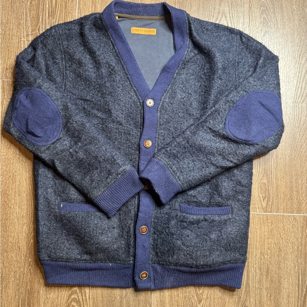 Nifty genius Navy Blue Men cardigan with elbow patches wool blend used size L